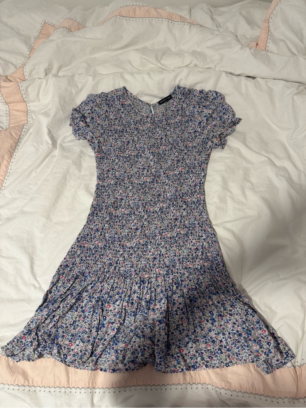 Blue Floral Smocked Mini Dress with Puff Sleeves